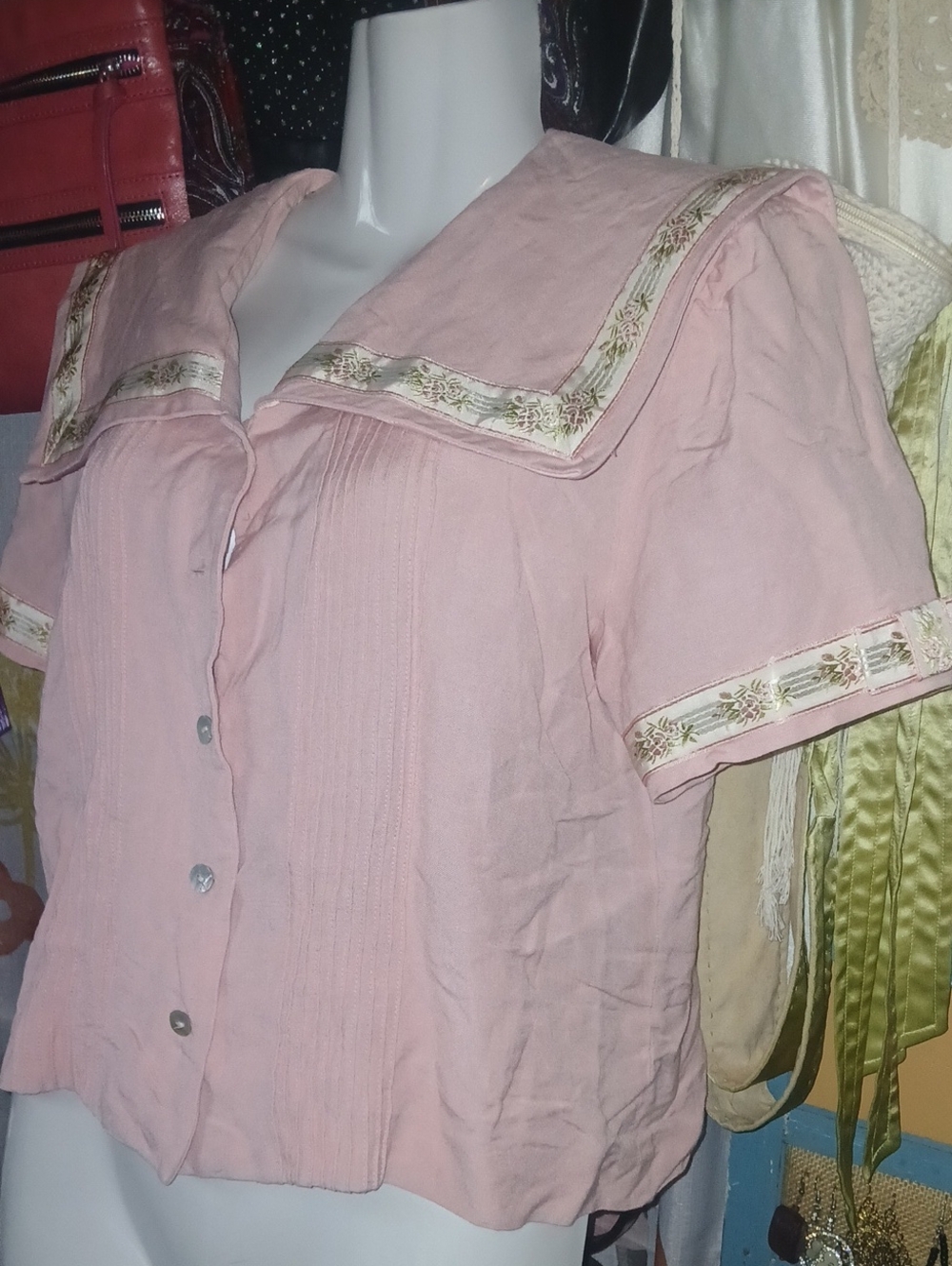 90s Vintage Jessica Howard Pink Linen & Rayon Button-Front Sailor Collar Top